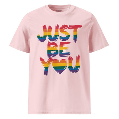 Pink t-shirt with 'Just Be You' text in rainbow colors on a white background