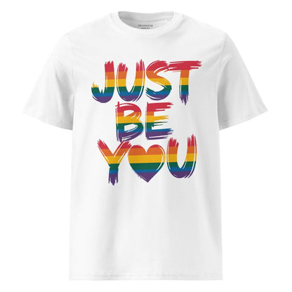 White t-shirt with rainbow-colored 'Just Be You' text on a white background