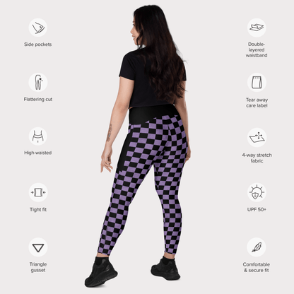 Woman wearing checkered leggings with feature icons on a white background