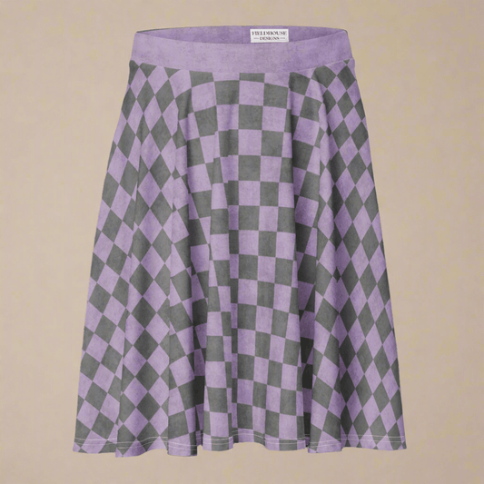 Purple and gray checkered skirt on a beige background