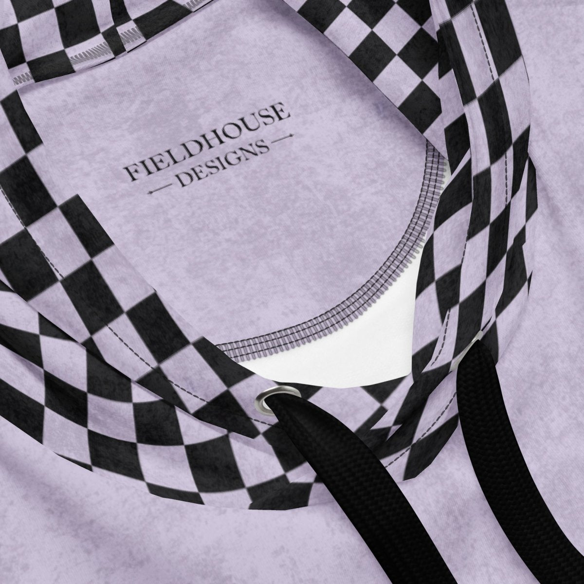 Black and lavender checkered hoodie with 'Fieldhouse Designs' branding 