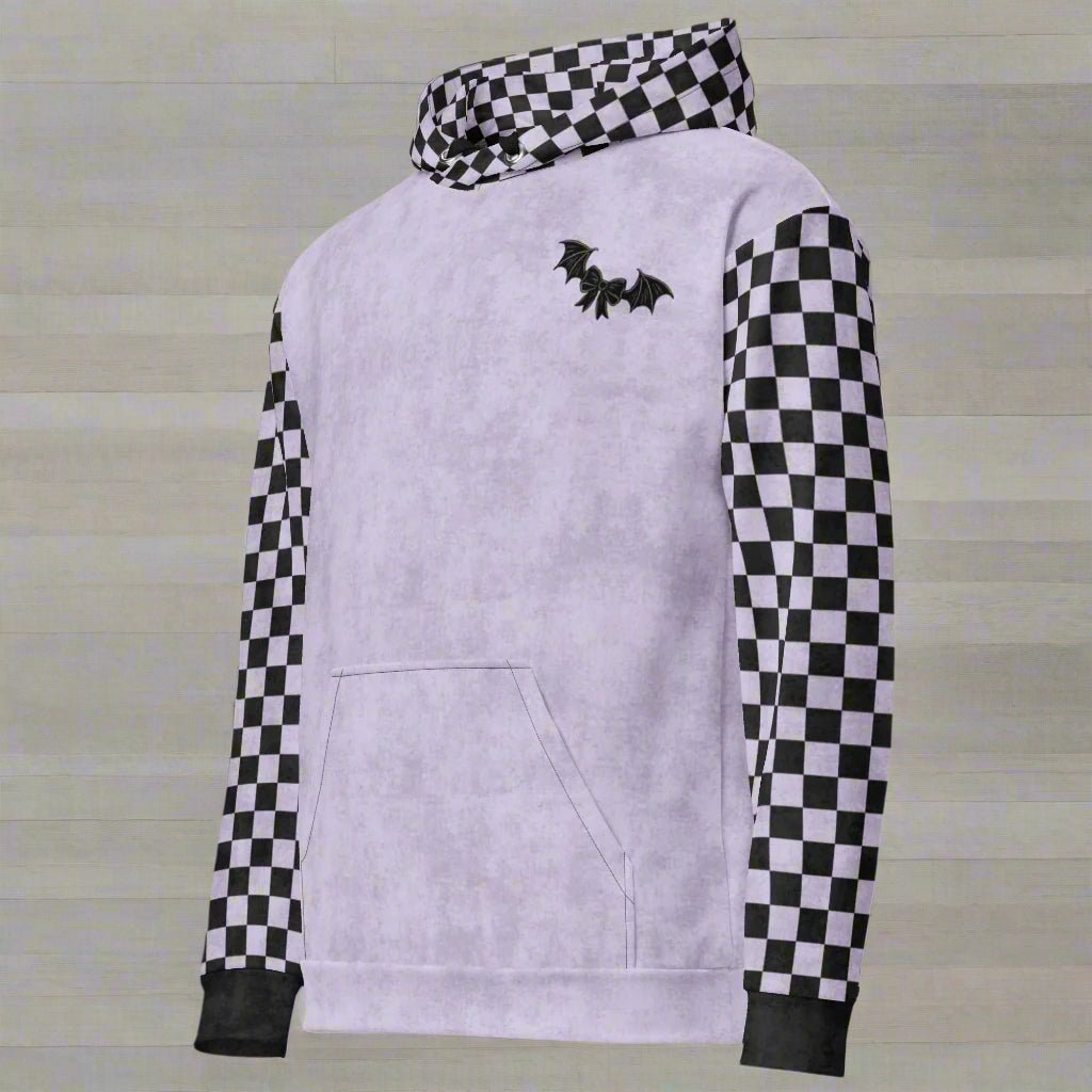 Hoodie with checkered sleeves and a bat design on a light background