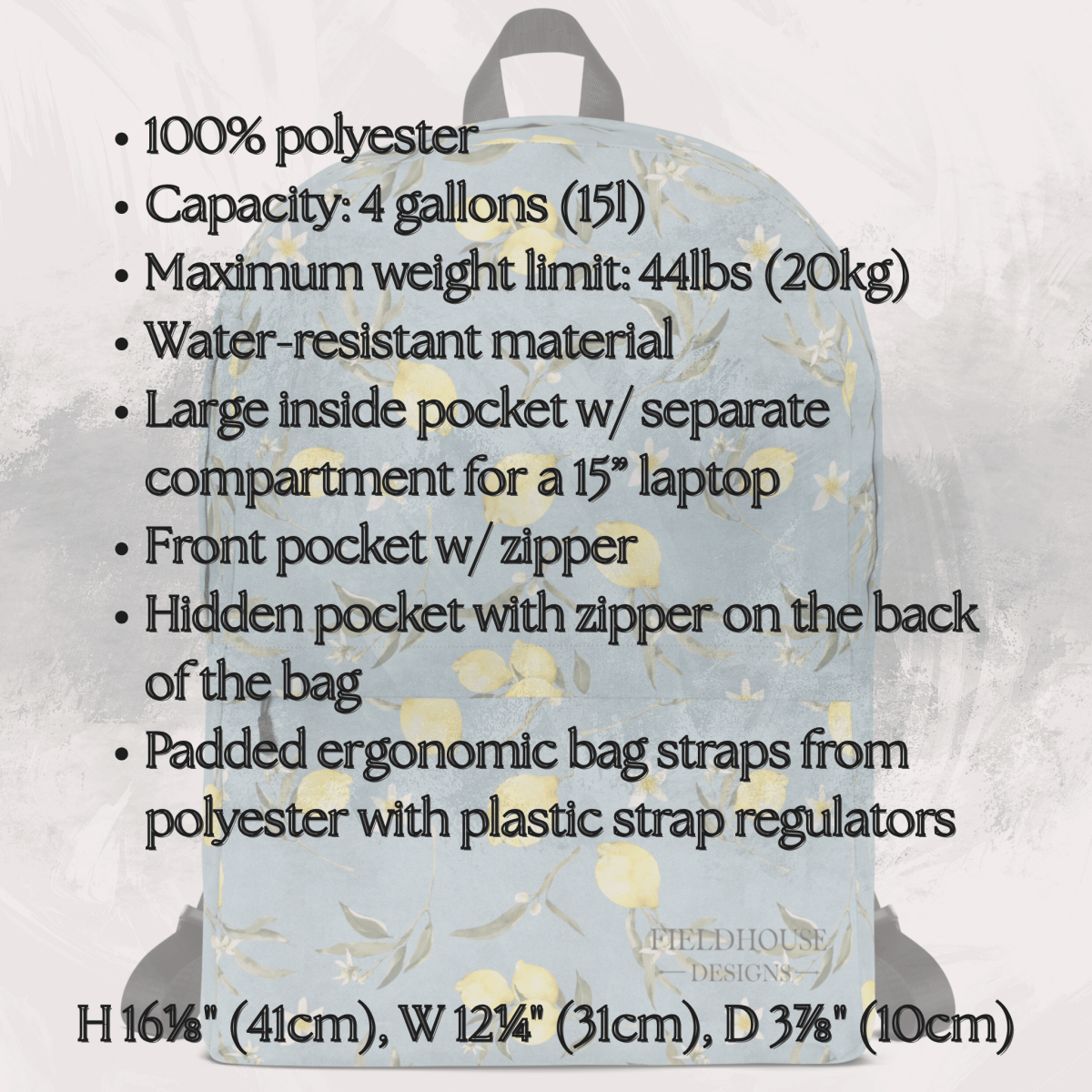 Backpack with lemon design and product specifications listed on a light gray background