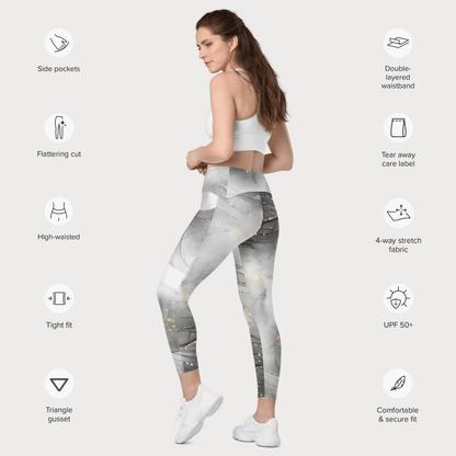 Woman wearing marble leggings with features listed on a white background