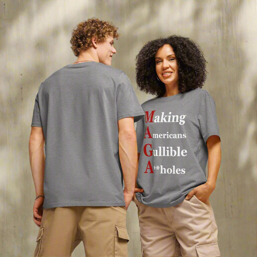 Two people wearing gray t-shirts with text, standing against a plain background.