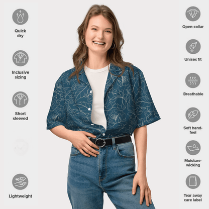Midnight Bloom Button - Up Shirt – Dark Teal with Sketch Floral Print