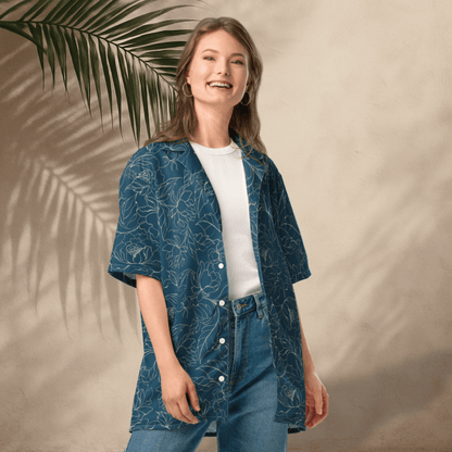 Midnight Bloom Button - Up Shirt – Dark Teal with Sketch Floral Print