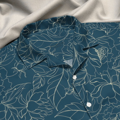 Midnight Bloom Button - Up Shirt – Dark Teal with Sketch Floral Print