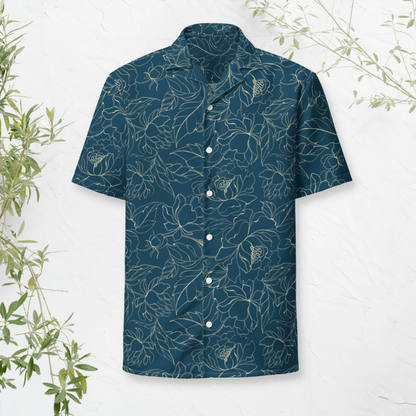 Midnight Bloom Button - Up Shirt – Dark Teal with Sketch Floral Print