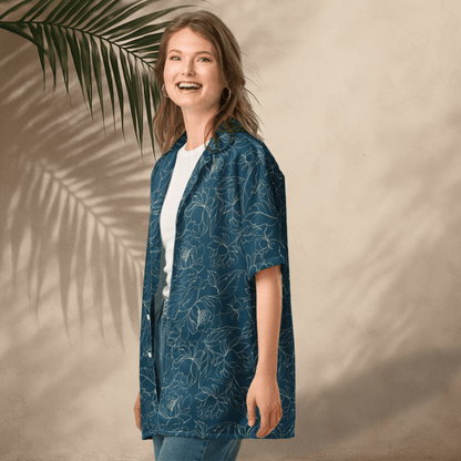 Midnight Bloom Button - Up Shirt – Dark Teal with Sketch Floral Print