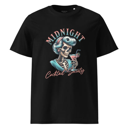 Black t-shirt with a skeleton design and 'Midnight Cocktail Society' text on a white background