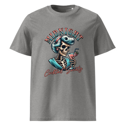 Gray t-shirt with a skeleton design and 'Midnight Cocktail Society' text on a white background