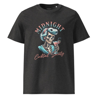 Black t-shirt with a skeleton design and 'Midnight Cocktail Society' text on a white background