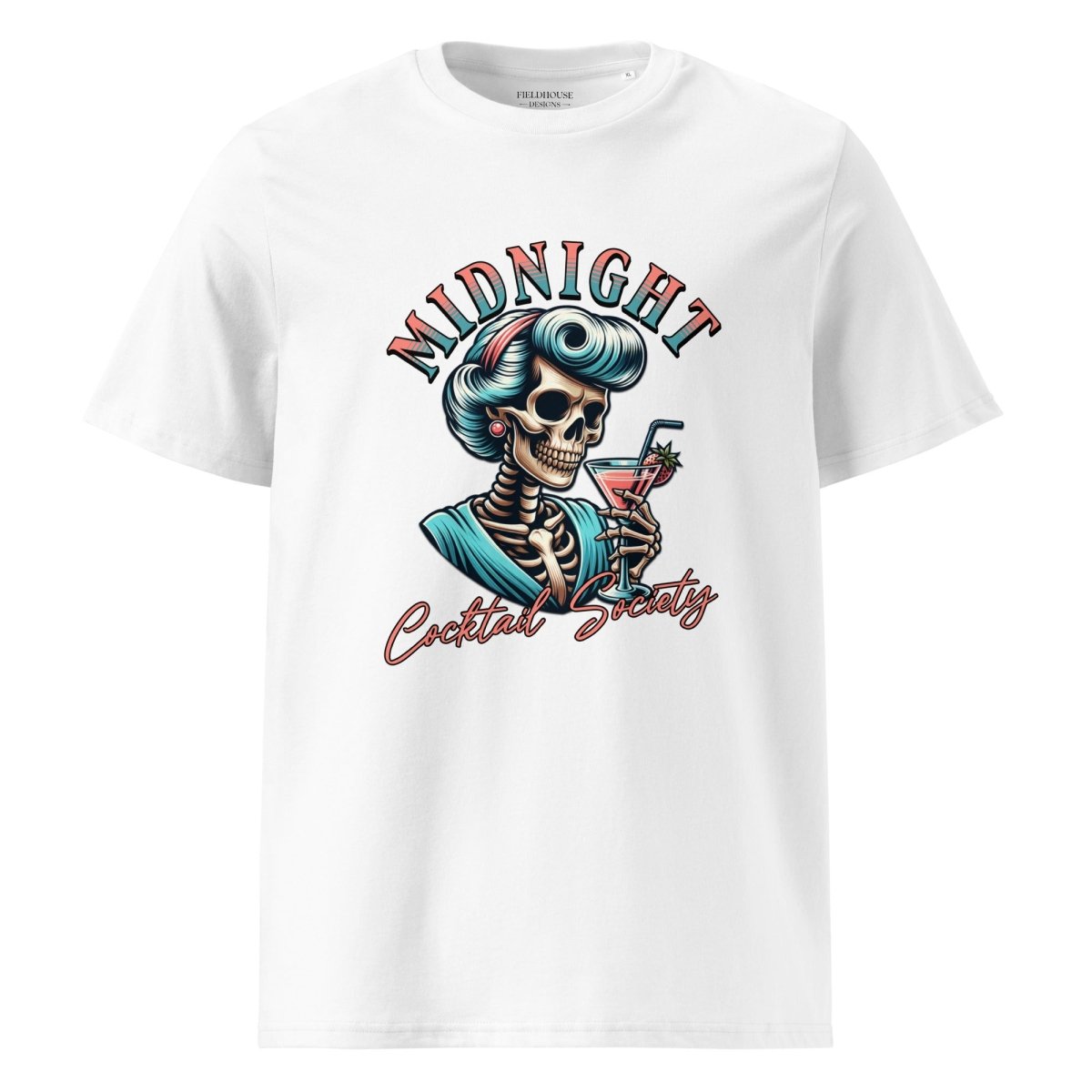 White t-shirt with a skeleton holding a cocktail and 'Midnight Cocktail Society' text on a white background