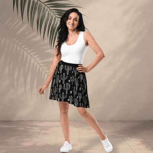Midnight Desert Skater Skirt | Black & White Cactus Print with Southwest Vibes - Skater Skirt