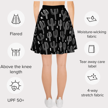 Midnight Desert Skater Skirt | Black & White Cactus Print with Southwest Vibes - Skater Skirt