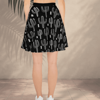 Midnight Desert Skater Skirt | Black & White Cactus Print with Southwest Vibes - Skater Skirt
