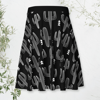 Midnight Desert Skater Skirt | Black & White Cactus Print with Southwest Vibes - Skater Skirt