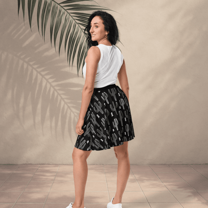 Midnight Desert Skater Skirt | Black & White Cactus Print with Southwest Vibes - Skater Skirt