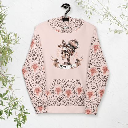 Mom Life Skull Hoodie – Recycled Unisex Hoodie with Leopard & Rose Print Sleeves