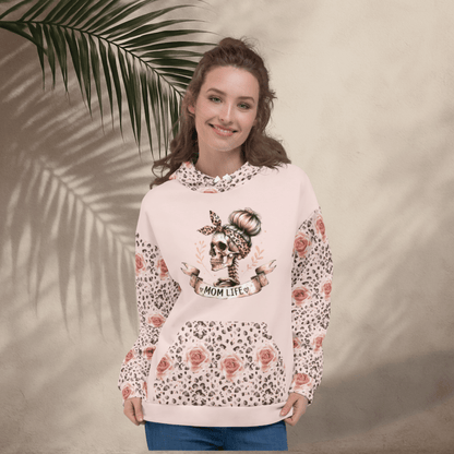 Mom Life Skull Hoodie – Recycled Unisex Hoodie with Leopard & Rose Print Sleeves