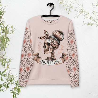 Mom Life Skull Sweatshirt – Leopard Print & Roses | Recycled All - Over Print Crew