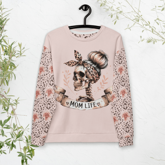 Mom Life Skull Sweatshirt – Leopard Print & Roses | Recycled All - Over Print Crew