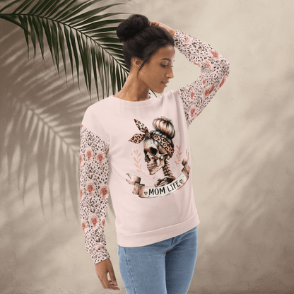 Mom Life Skull Sweatshirt – Leopard Print & Roses | Recycled All - Over Print Crew