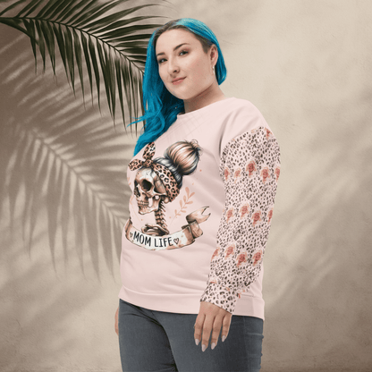 Mom Life Skull Sweatshirt – Leopard Print & Roses | Recycled All - Over Print Crew