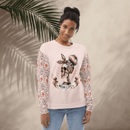 Mom Life Skull Sweatshirt – Leopard Print & Roses | Recycled All - Over Print Crew