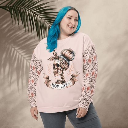Mom Life Skull Sweatshirt – Leopard Print & Roses | Recycled All - Over Print Crew