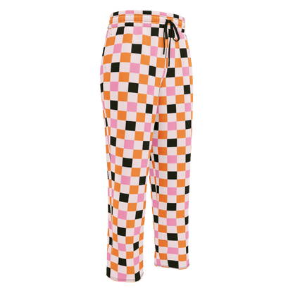 Checkered pants with pink, orange, and black pattern 