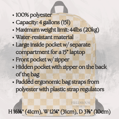 Checkered backpack with product specifications on a textured gray background