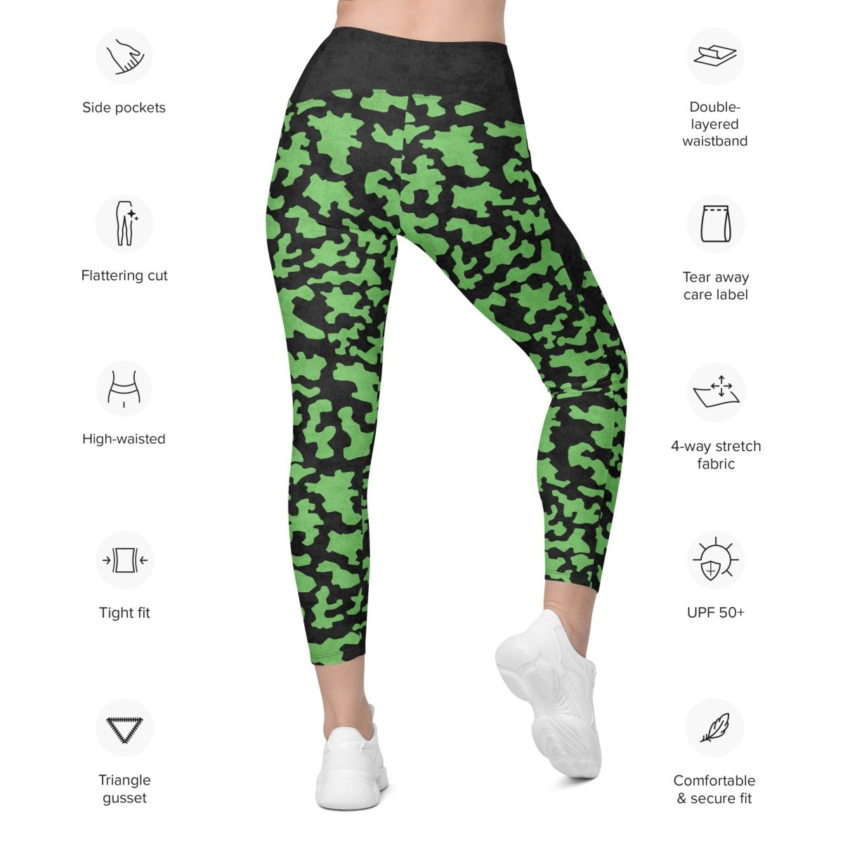 Green camouflage leggings with features listed on a white background