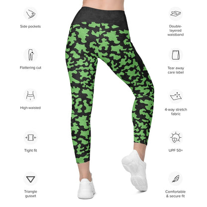 Green camouflage leggings with features listed on a white background