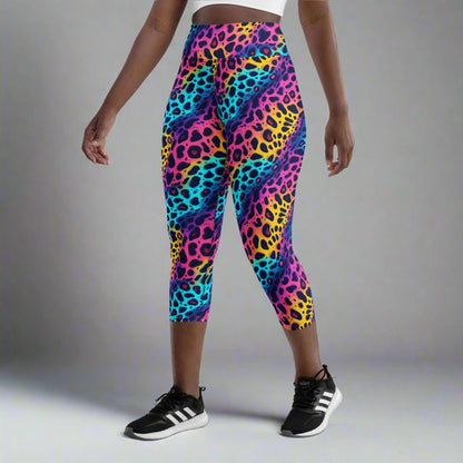 Neon Jungle Yoga Capri Leggings – Wild Rainbow Leopard Print - Capri Leggings