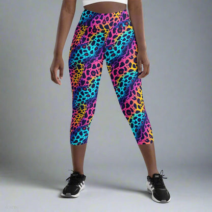 Neon Jungle Yoga Capri Leggings – Wild Rainbow Leopard Print - Capri Leggings