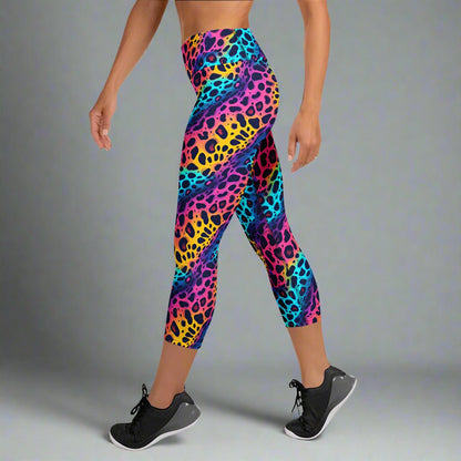 Neon Jungle Yoga Capri Leggings – Wild Rainbow Leopard Print - Capri Leggings