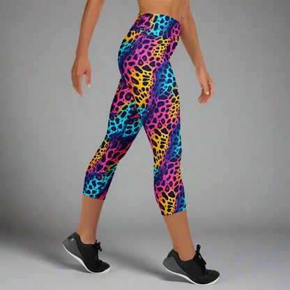 Neon Jungle Yoga Capri Leggings – Wild Rainbow Leopard Print - Capri Leggings