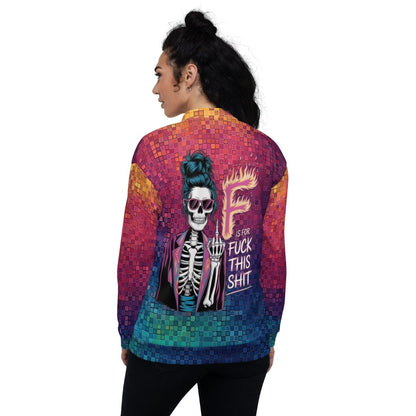 Neon Pixel Design All - Over Print Bomber JacketPixelated Skeleton Graphic Bomber Jacket – Bold Statement Streetwear - Bomber Jacket