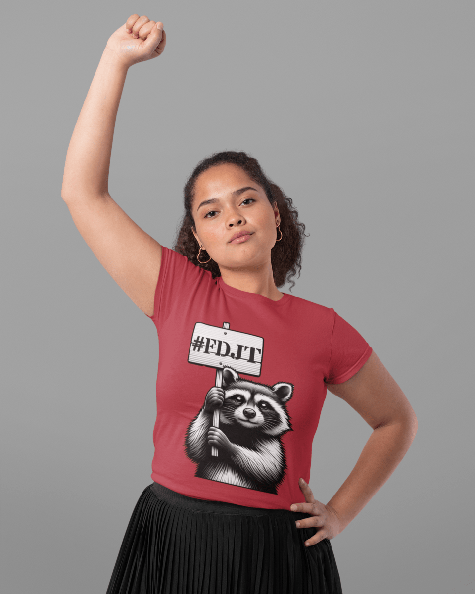 Person wearing a red t-shirt with a #FDJT design, raising one arm.