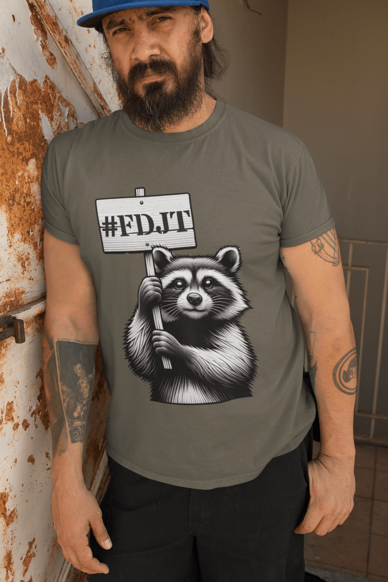 Man wearing a t-shirt with a raccoon graphic and '#FDJT' text.
