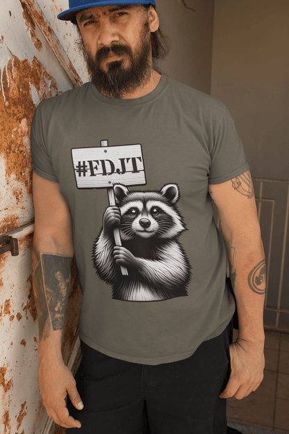 Man wearing a t-shirt with a raccoon graphic and '#FDJT' text.