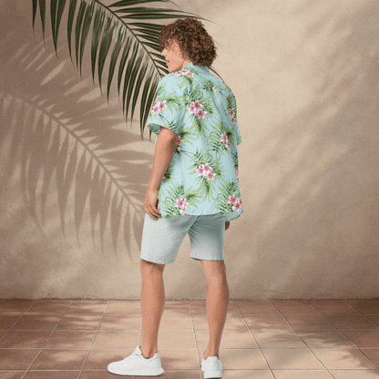 Palm Breeze Button - Up Shirt – Aqua &amp; Pink Plumeria Print