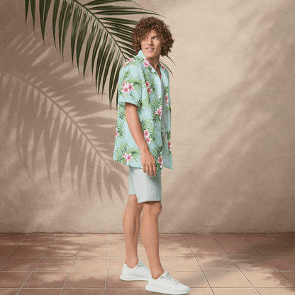 Palm Breeze Button - Up Shirt – Aqua &amp; Pink Plumeria Print