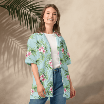 Palm Breeze Button - Up Shirt – Aqua &amp; Pink Plumeria Print