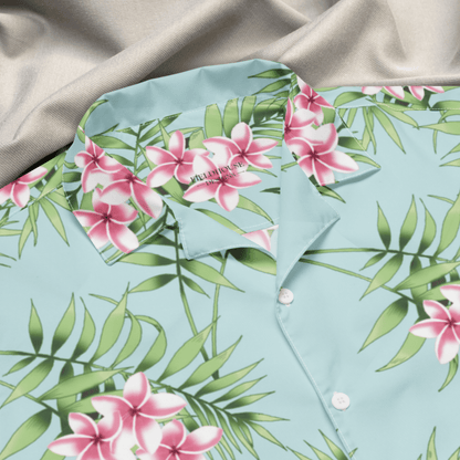 Palm Breeze Button - Up Shirt – Aqua &amp; Pink Plumeria Print
