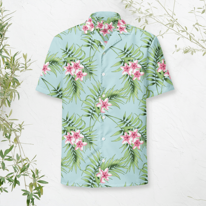 Palm Breeze Button - Up Shirt – Aqua &amp; Pink Plumeria Print