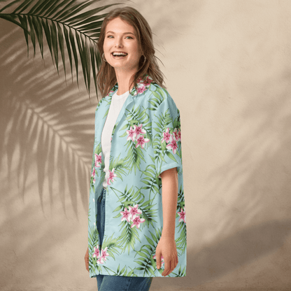 Palm Breeze Button - Up Shirt – Aqua &amp; Pink Plumeria Print