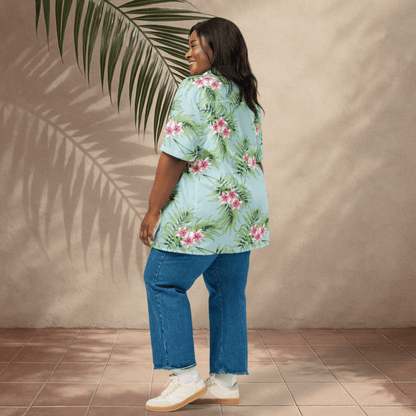 Palm Breeze Button - Up Shirt – Aqua &amp; Pink Plumeria Print